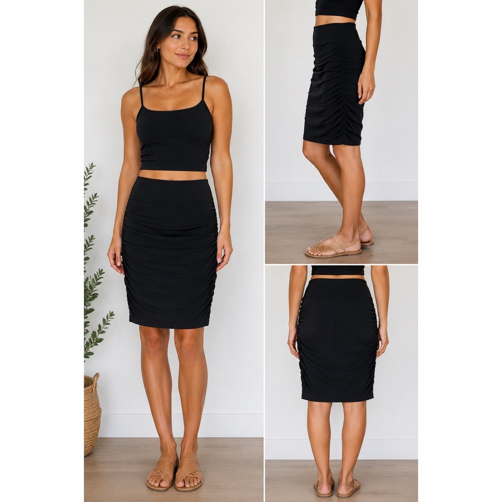 Prana Womens Black Ruched Bodycon Pencil Skirt Sz S Stretch Jersey Casual Travel